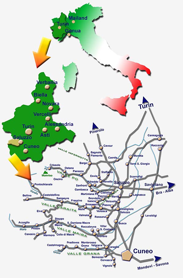 Karte der Provinz Cuneo, Alpentäler des Monviso